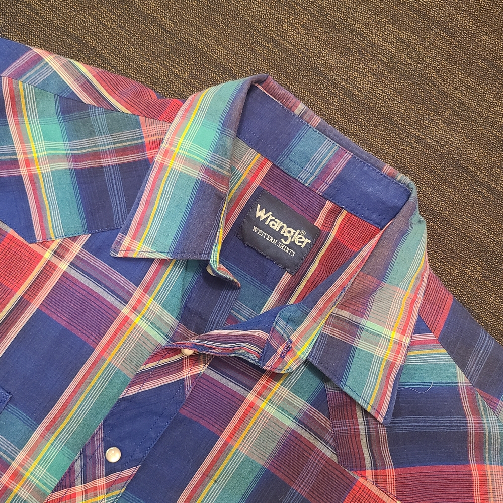 Wrangler Western Shirt Mens 2XL Plaid Short Sleeve Pearl Snaps Cowboy